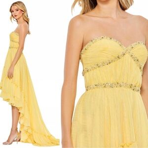 NWT Mac Duggal Lemon Yellow Strapless Embellished High Low Ruffle Gown Sz 8 $498
